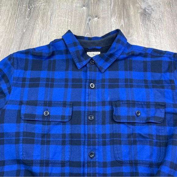 L.L. Bean Sherpa Lined Scotch Plaid Flannel Shirt Blue Black Mens Size XL Reg - Picture 8 of 13